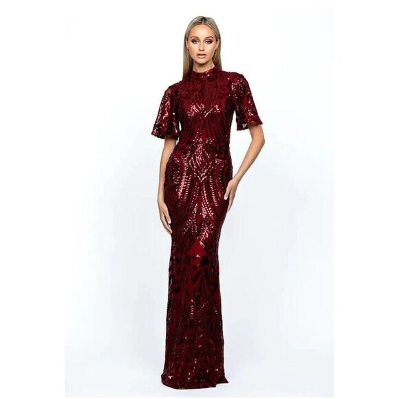 Bariano Fantasy Sequined Flutter Sleeve Dress Long Gown Retails $299 NWT Size 10 - Picture 1 of 11